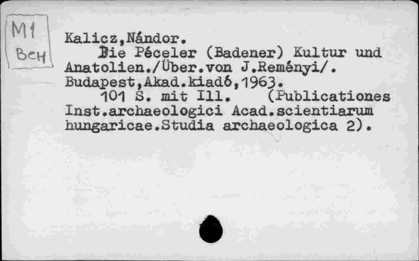 ﻿Kalicz,Nândor.
bevf 3ie Péceler (Badener) Kultur und Anatolien./Über.von J.Eeményi/. Budapest,Akad.kiadö,1963.
Ю1 S. mit Ill. (Publicationes Inst.archaeologici Acad.scientiarum hungaricae.Studia archaeologica 2).